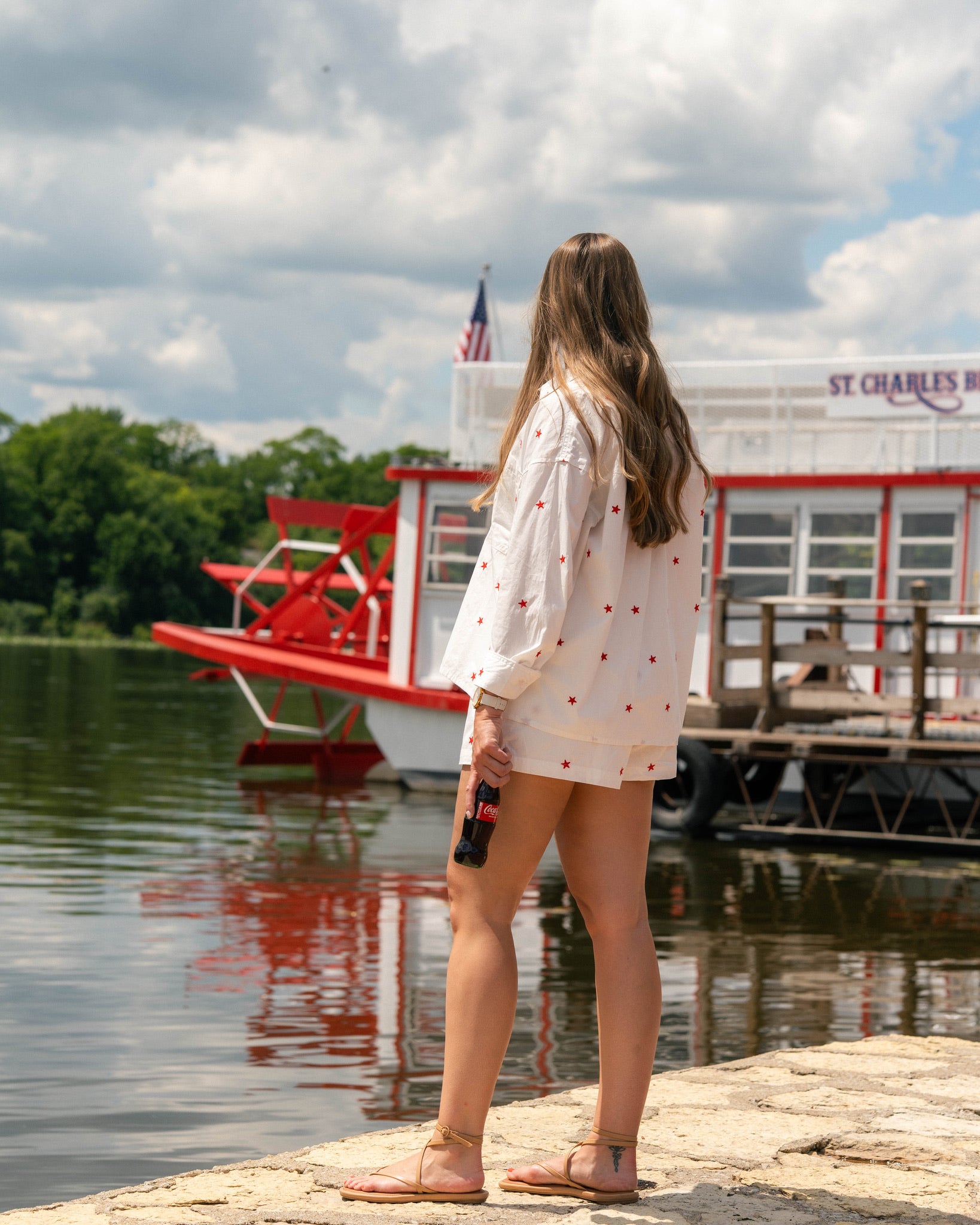 Star Embroidered Button Down Oversized Shirt