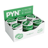 Display box of PYN golf tees with green and white packaging.