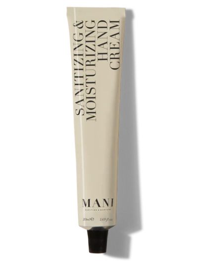 Hand cream tube labeled 'Sanitizing & Moisturizing Hand Cream' by MANI on a white background