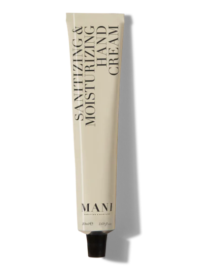 Hand cream tube labeled 'Sanitizing & Moisturizing Hand Cream' by MANI on a white background