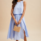 Striped Sleeveless Top + Front Slit Midi Skirt Set