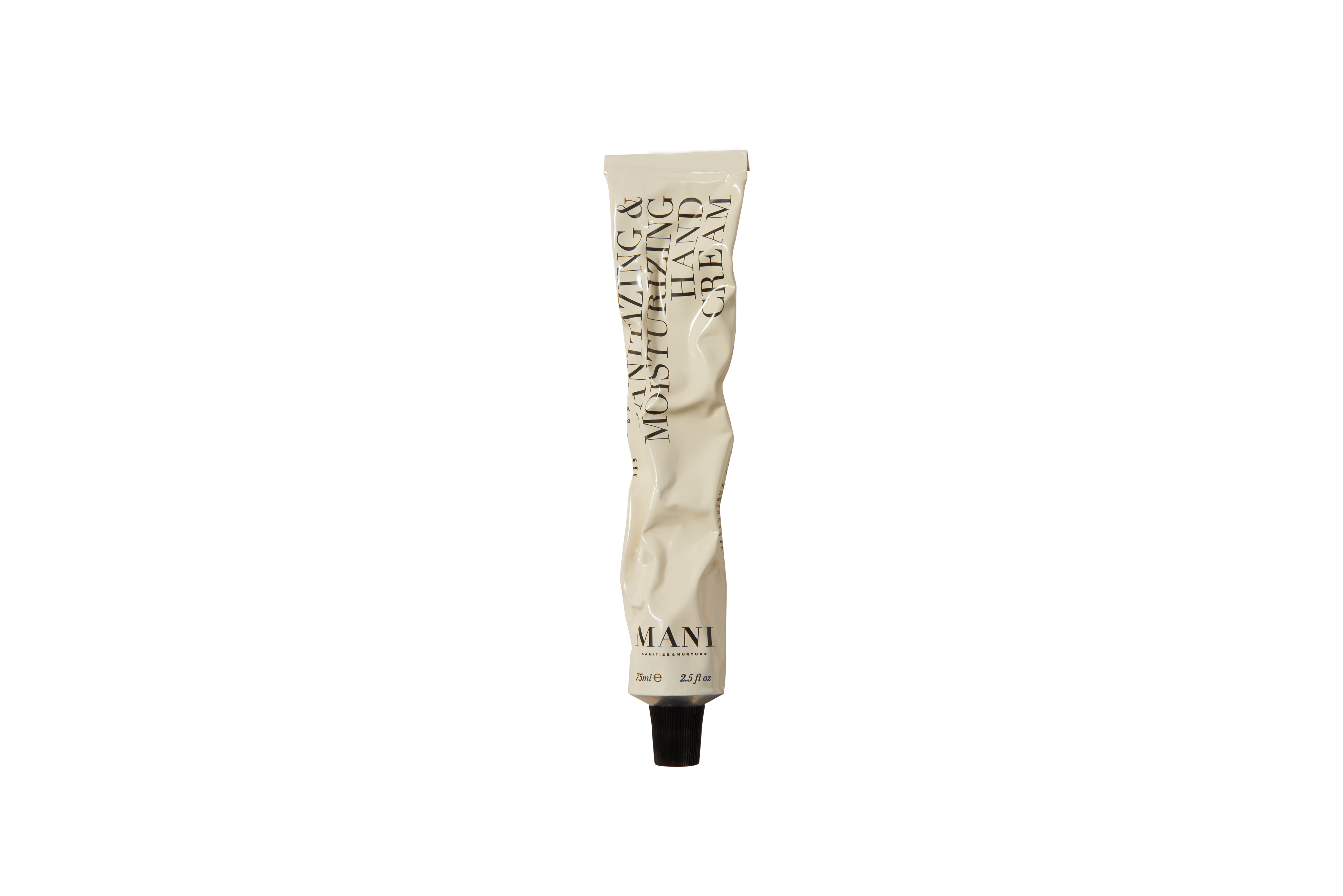 White hand cream tube with black text on a white background
