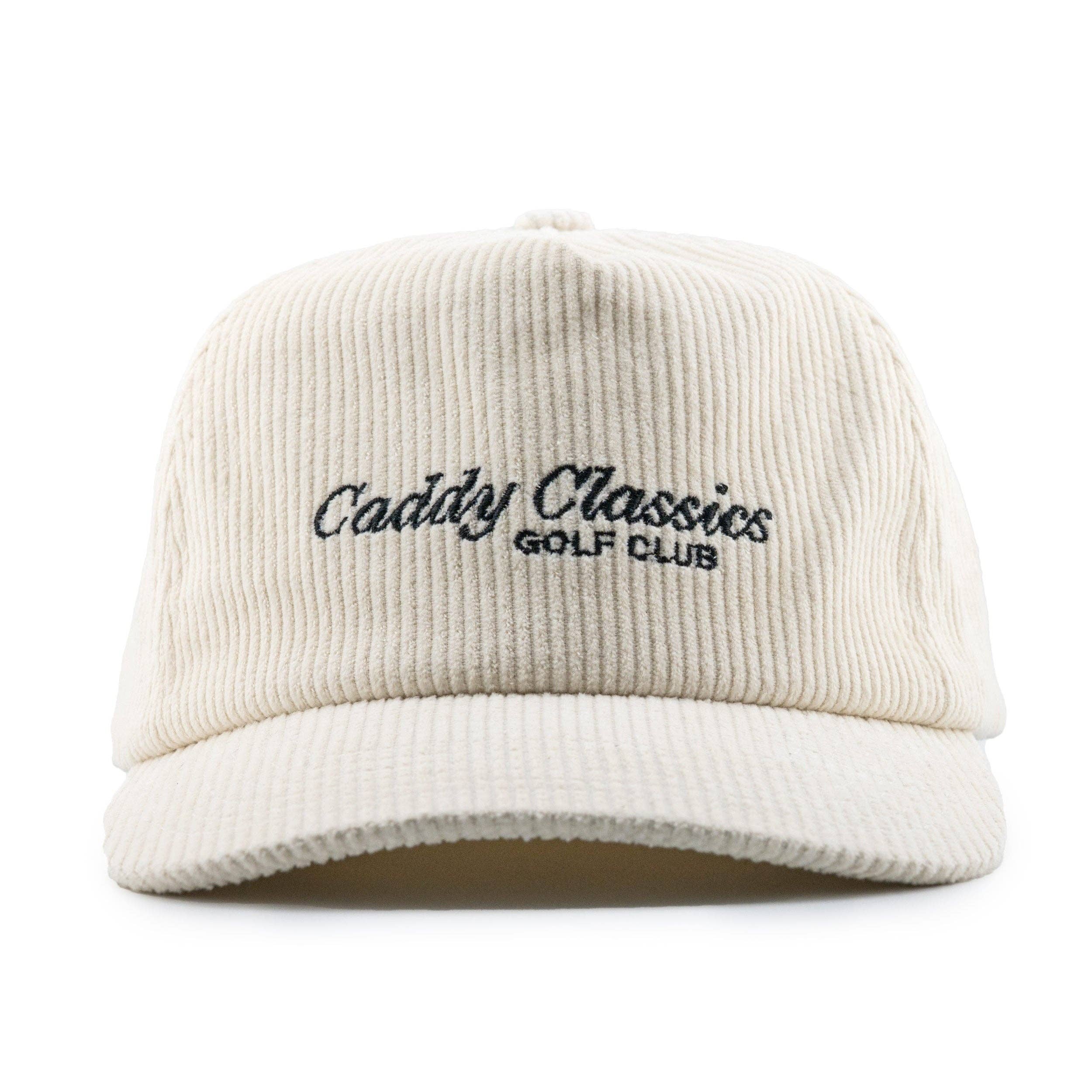 Beige cap with 'Caddy Classics Golf Club' text on a white background