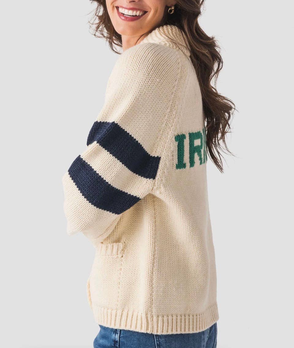 Irish Varsity Cardigan In Ivory with NAVY