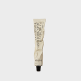 White tube with black text on a white background