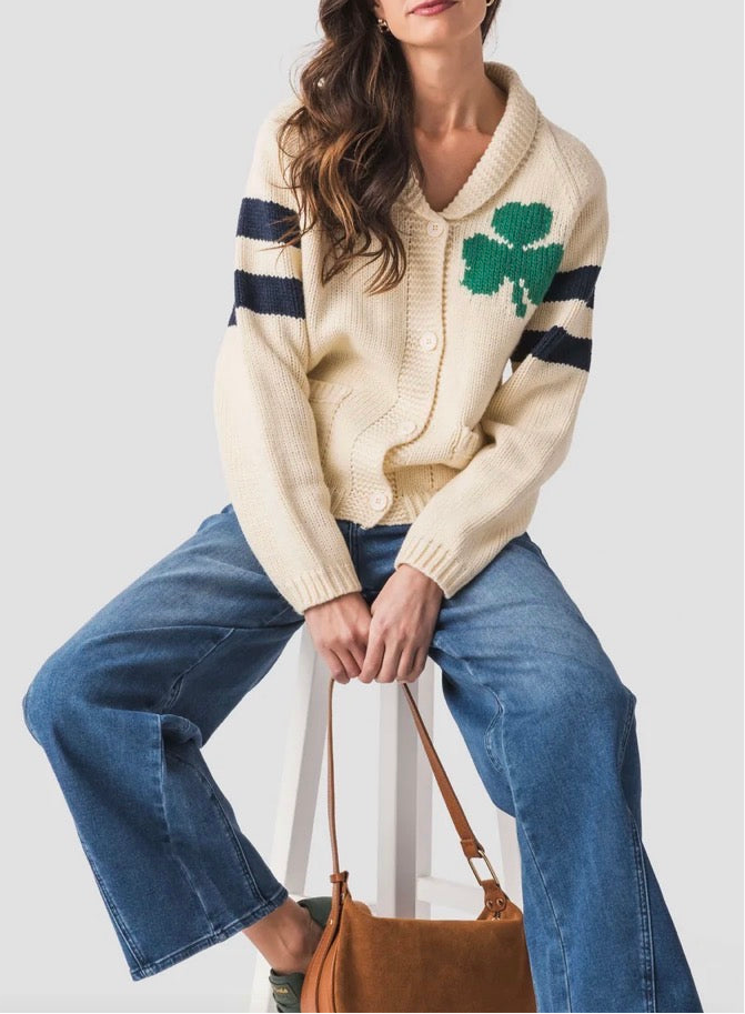 Irish Varsity Cardigan In Ivory with NAVY