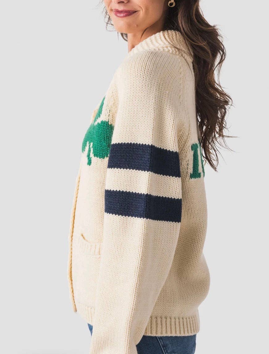 Irish Varsity Cardigan In Ivory with NAVY
