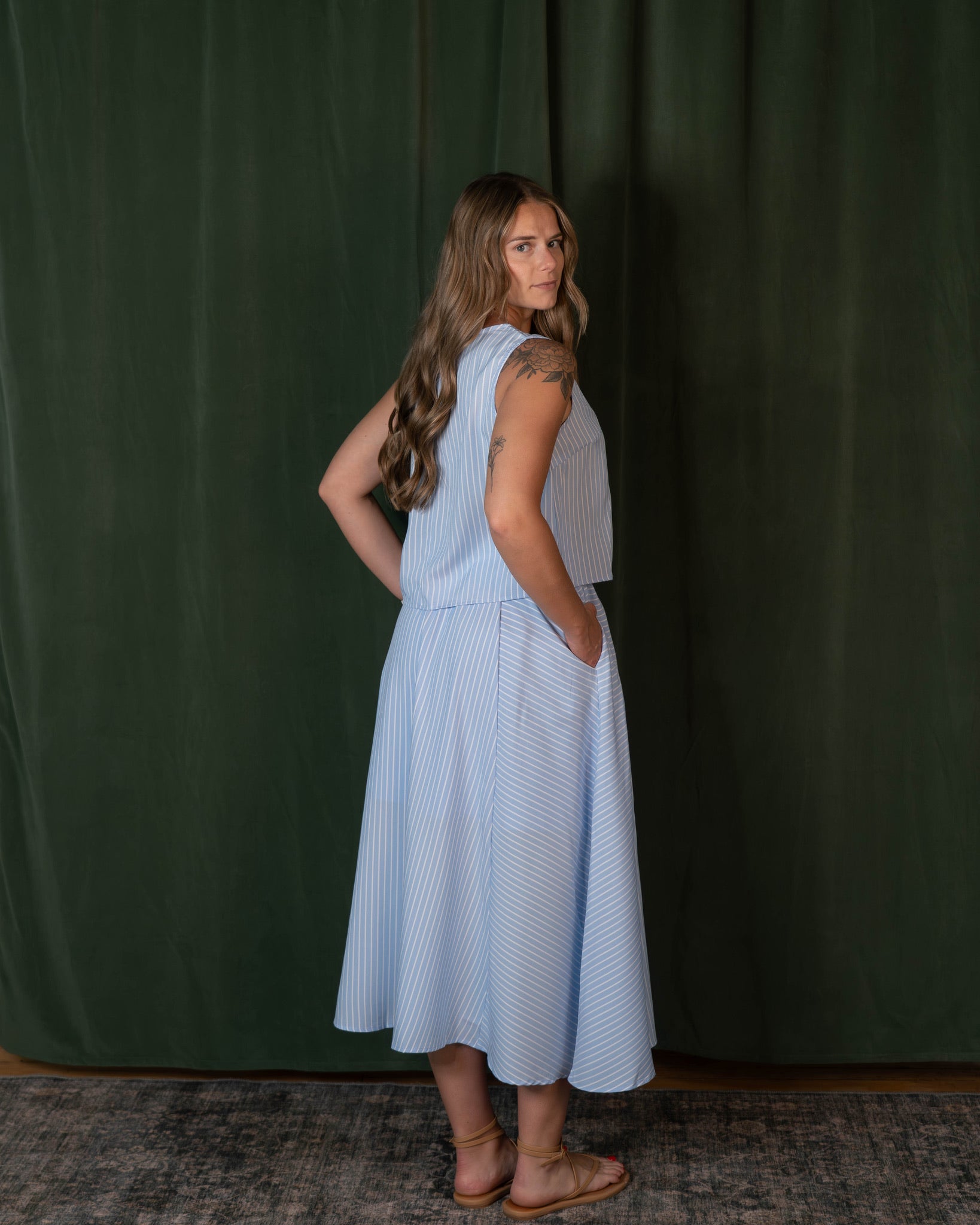 Striped Sleeveless Top + Front Slit Midi Skirt Set