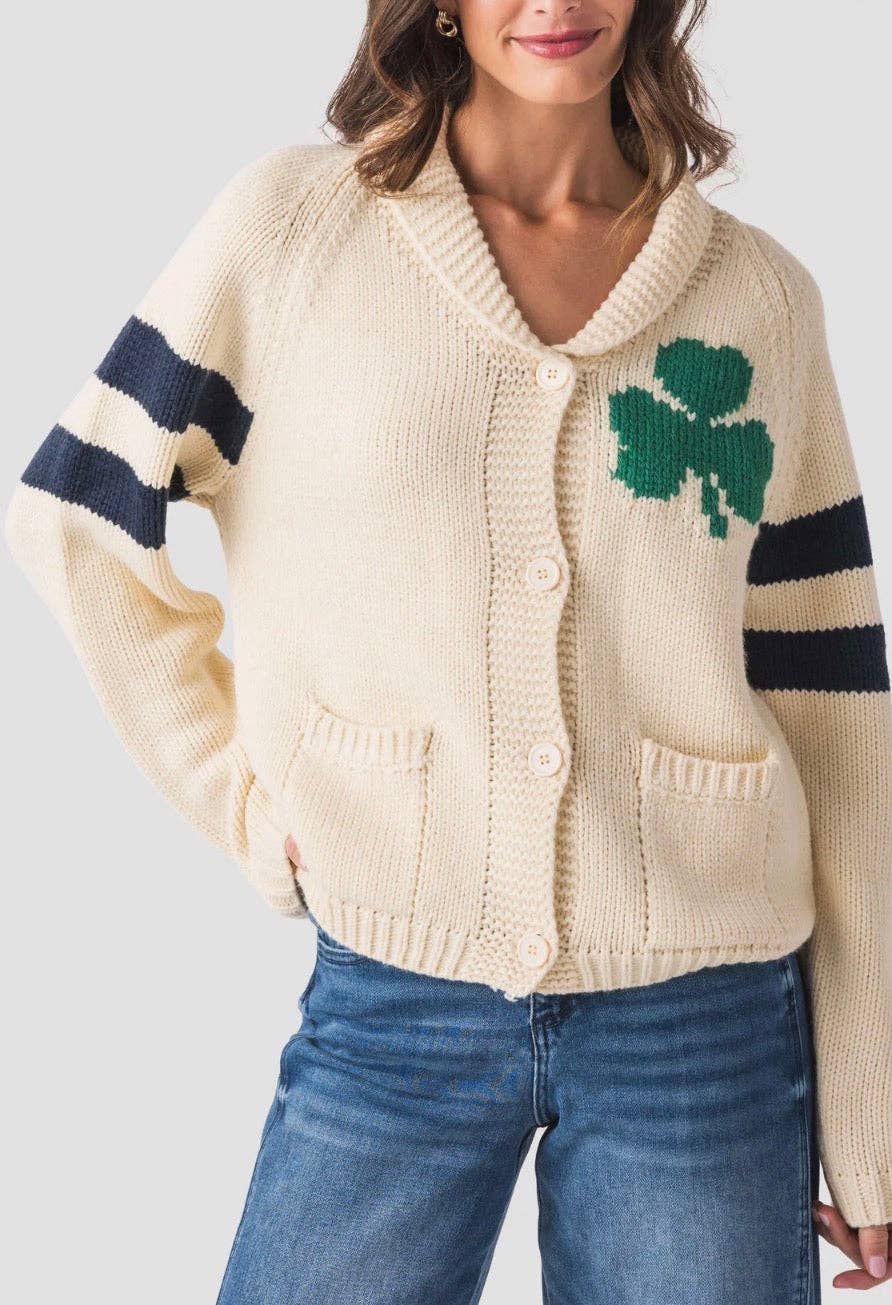 Irish Varsity Cardigan In Ivory with NAVY