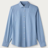 Blue patterned shirt on a light gray background