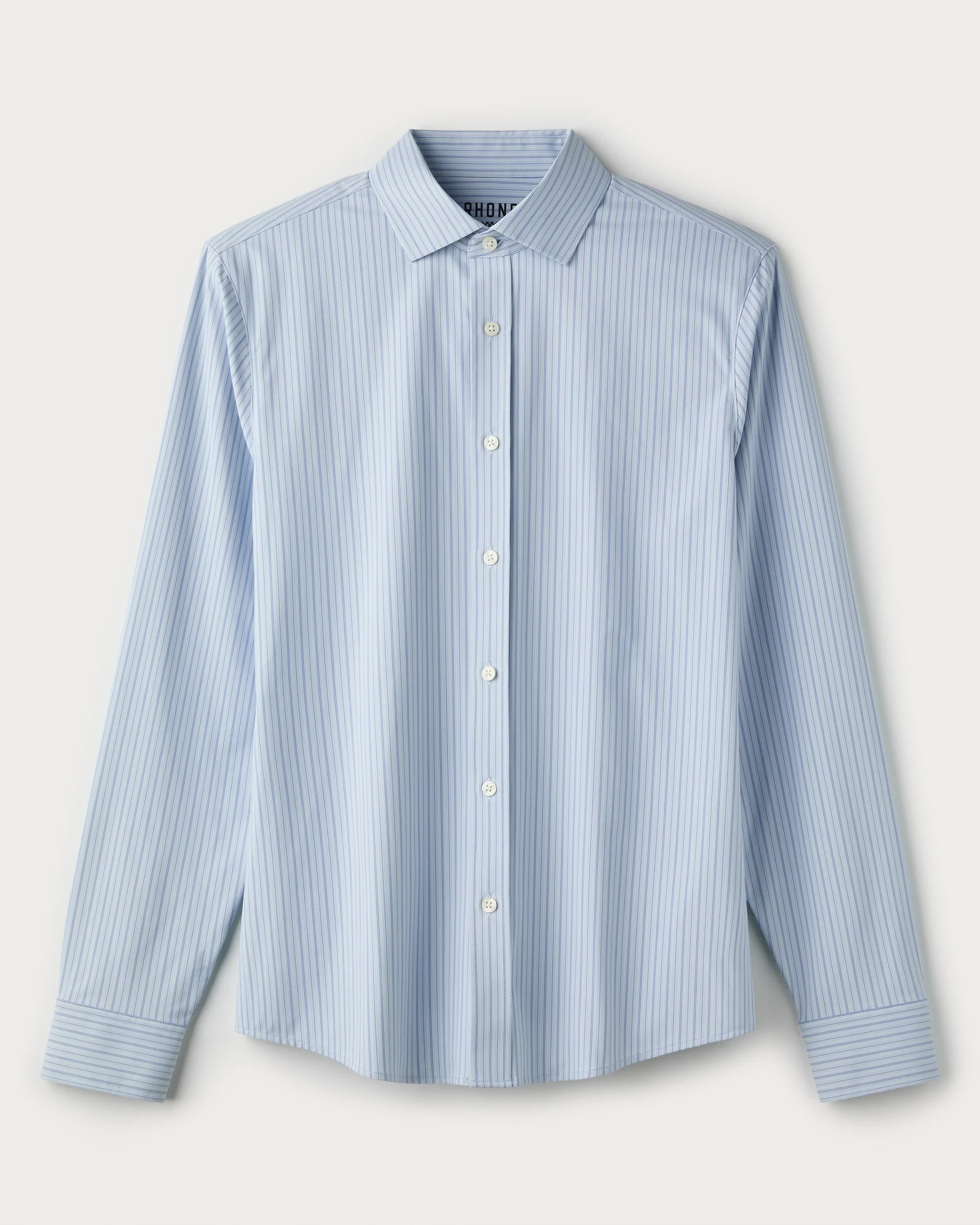 Blue striped shirt on a light gray background