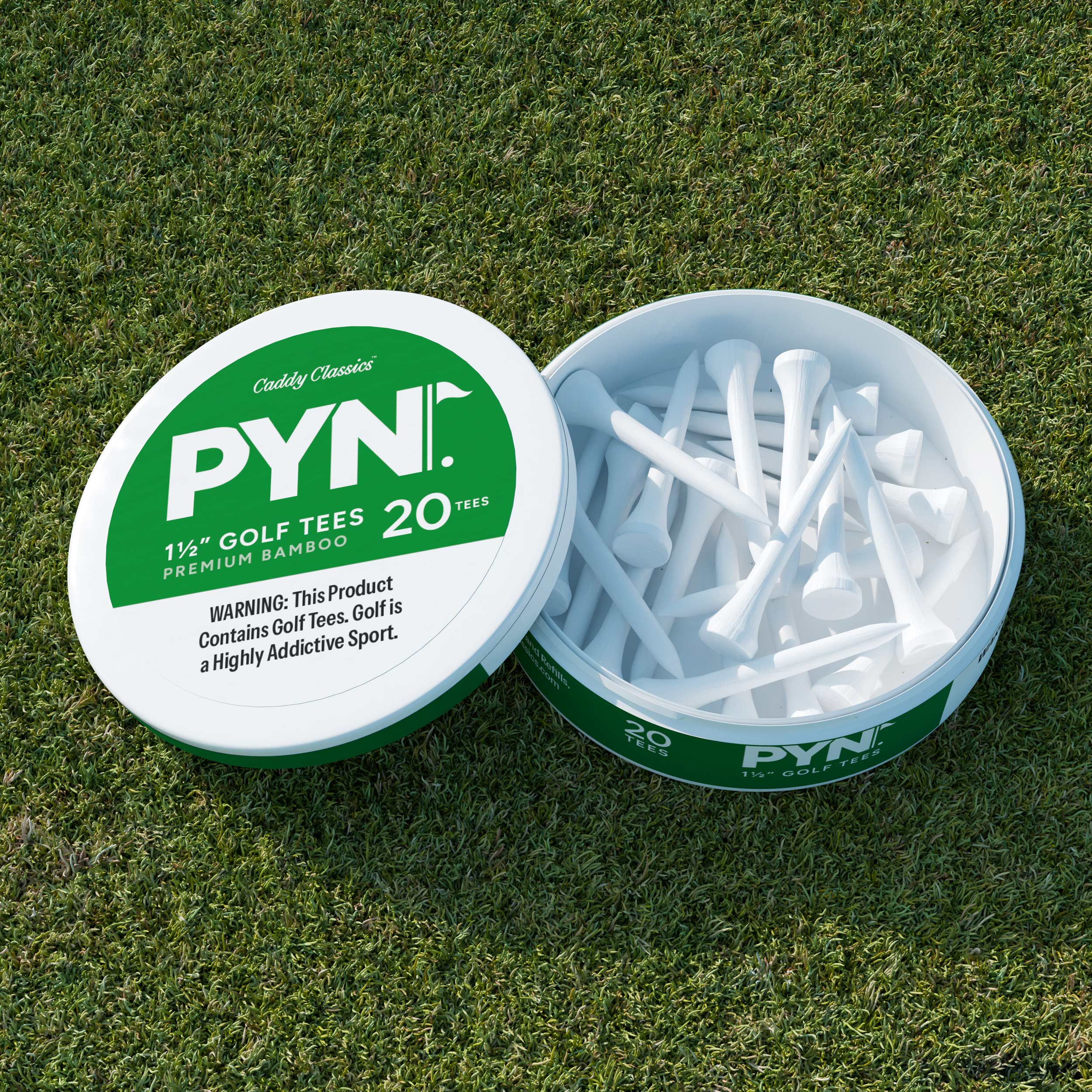 PYN golf tees container with golf tees on a grass background