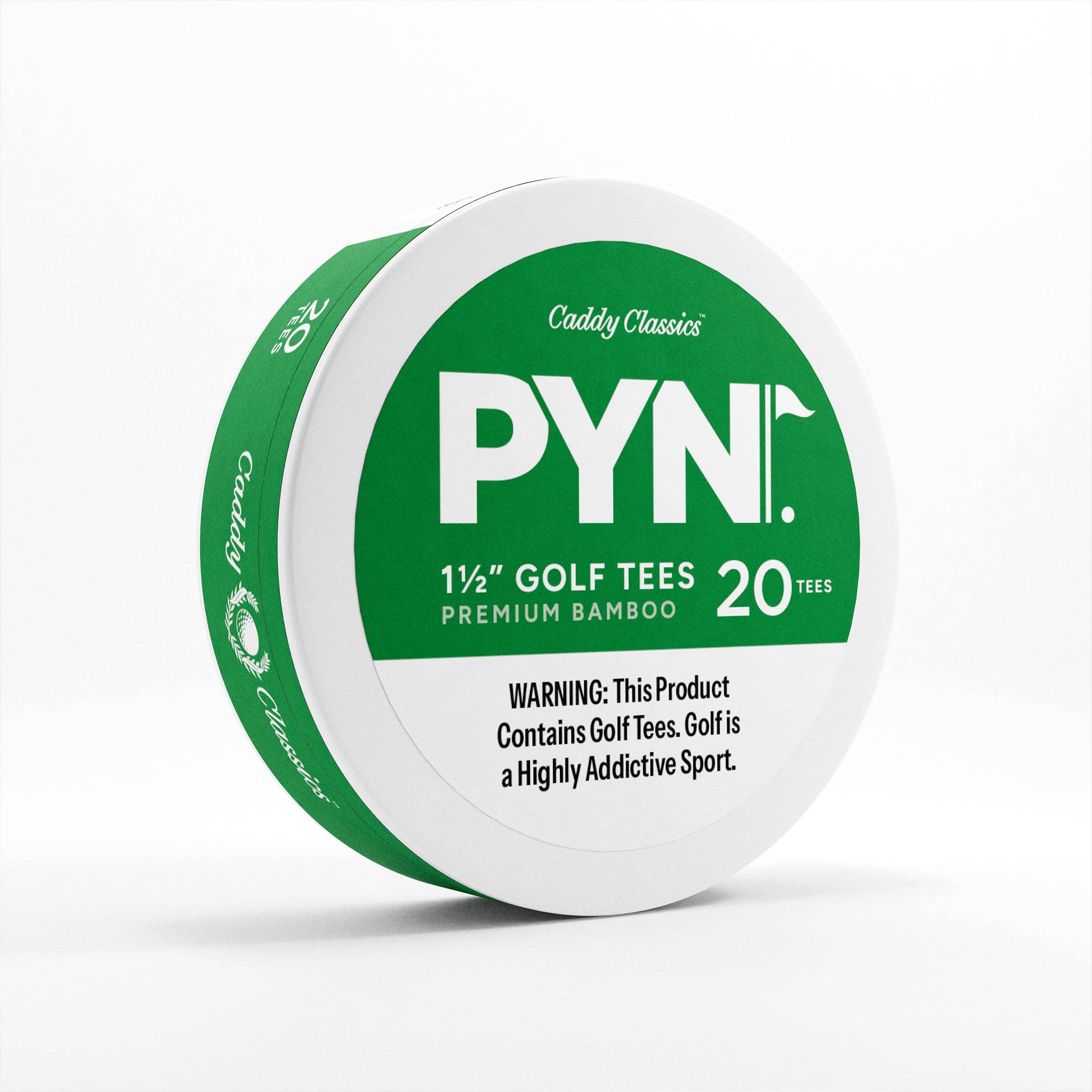 Caddy Classics PYN golf tees packaging on a white background